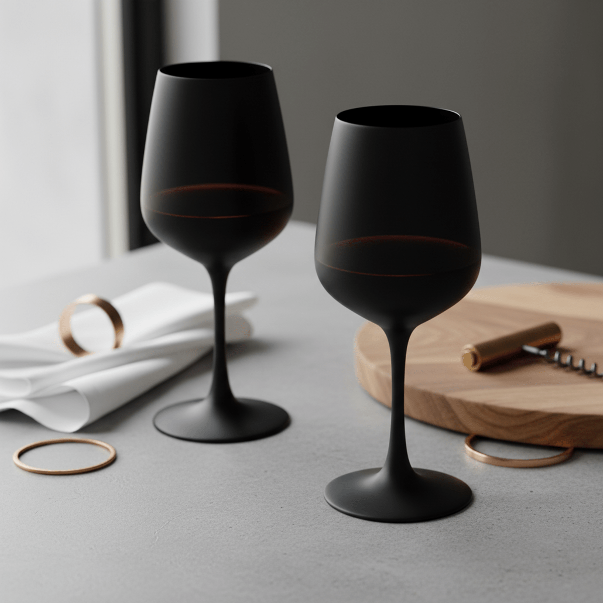 Matte black wine glasses with ruby red wine on a concrete table.