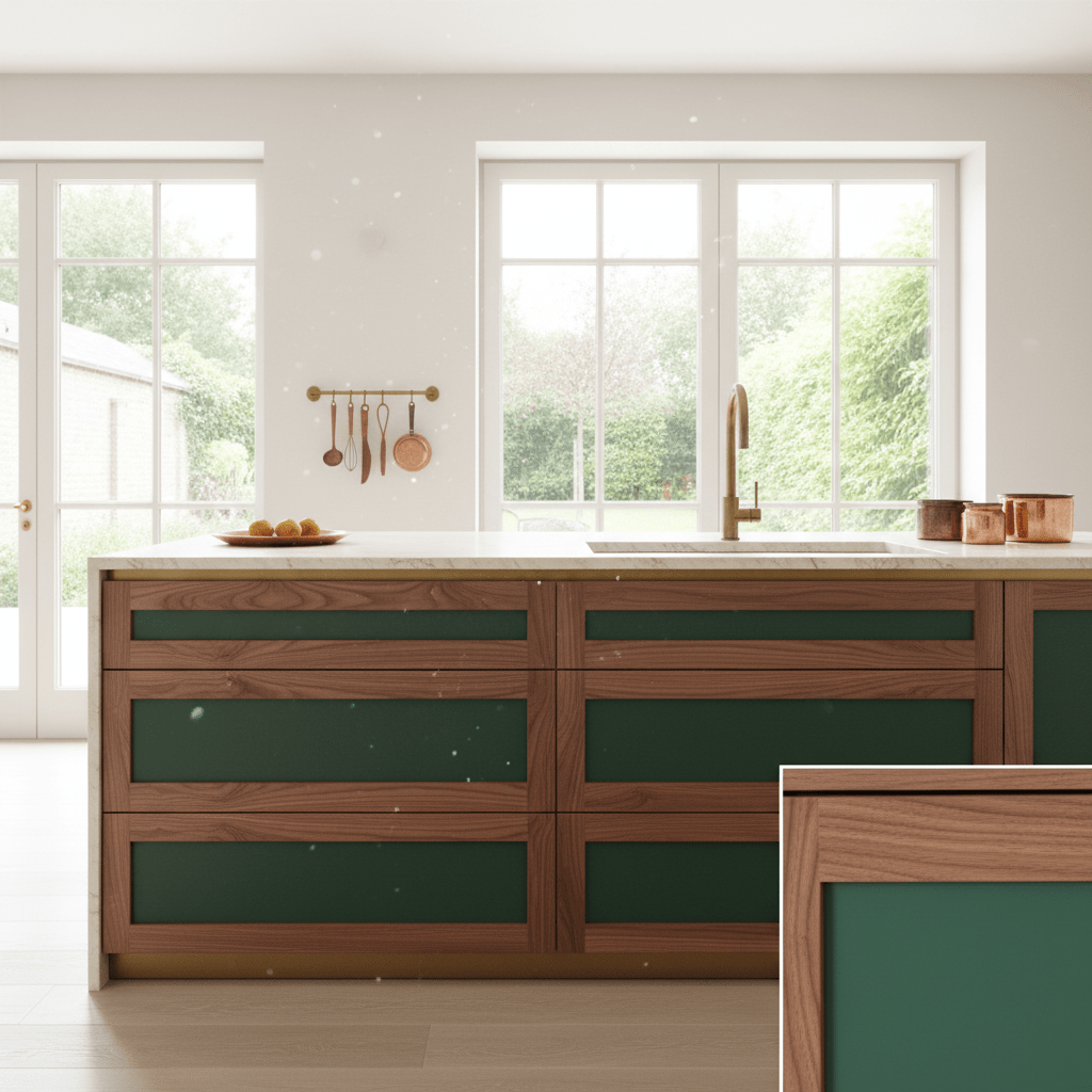 Contemporary kitchen island with walnut and forest green two-tone drawers.