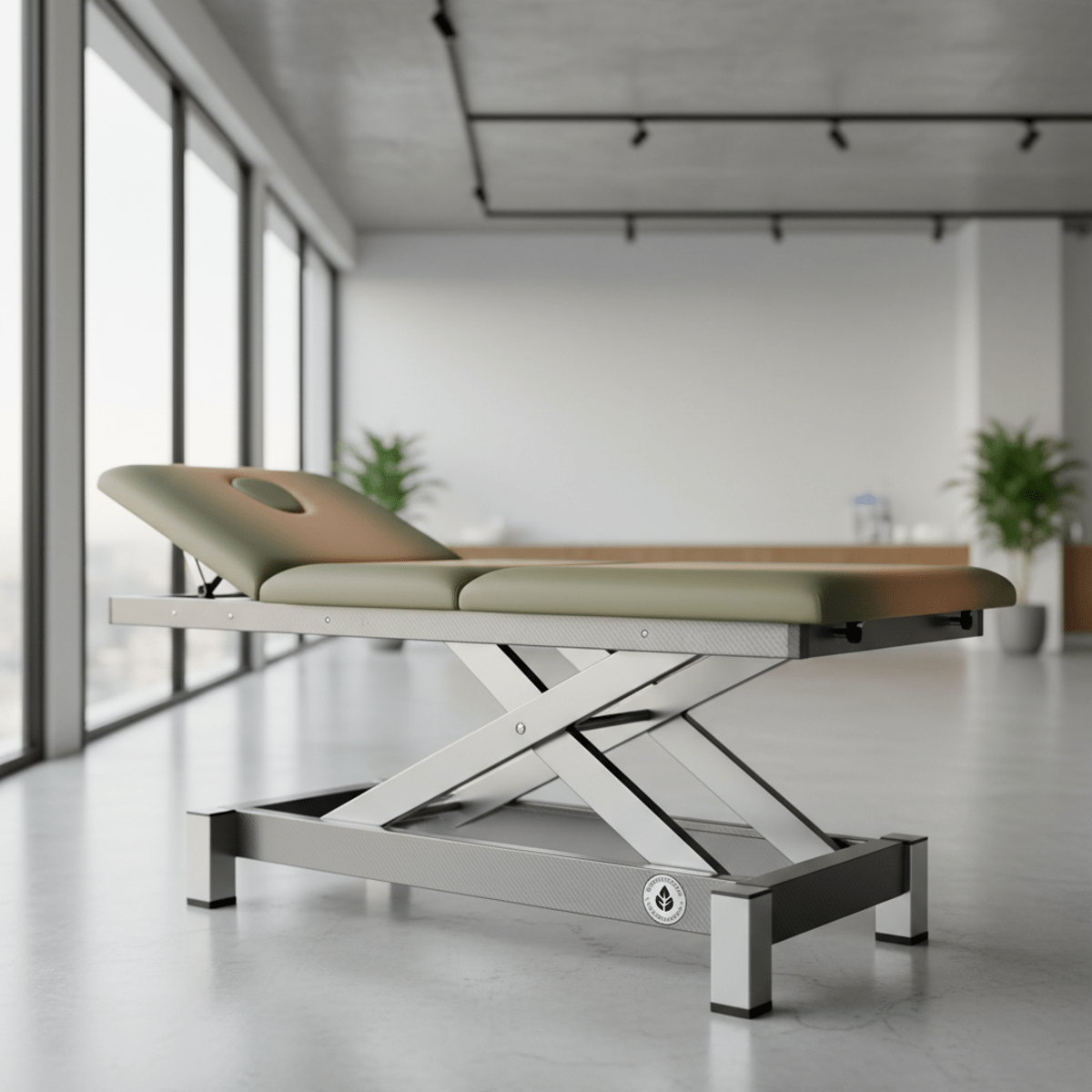 Modern therapy table with eco-friendly materials in a clinical setting. Sleek physical therapy table with recycled aluminum frame and bio-based vinyl in a bright clinic.