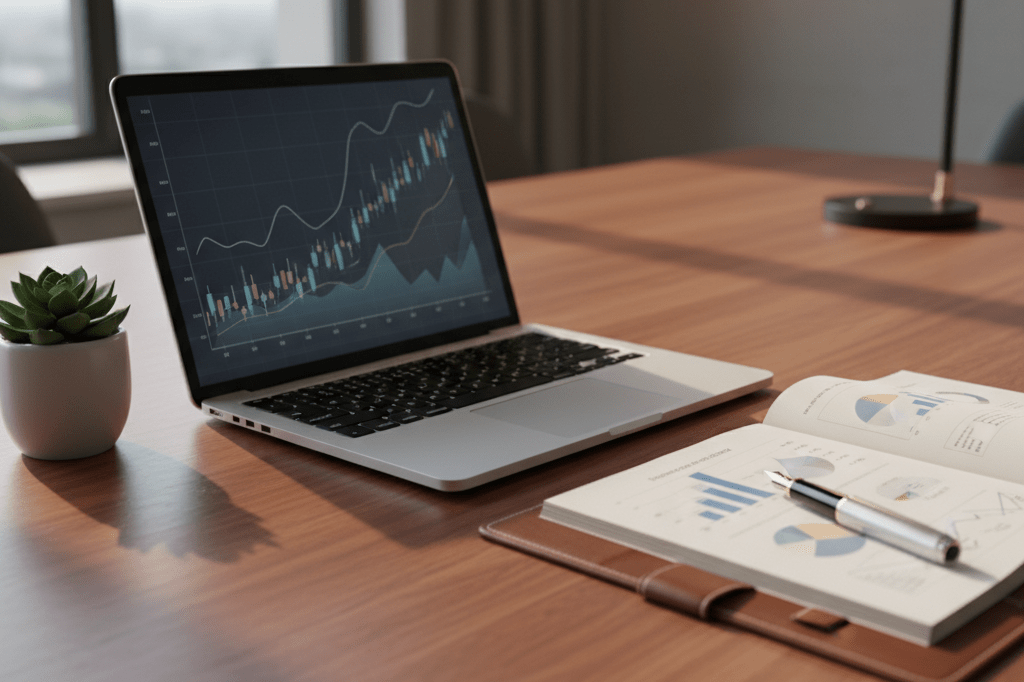 Medium shot of a well-lit conference table with financial report, laptop showing abstract stock chart, fountain pen, and succulent—no people or branding