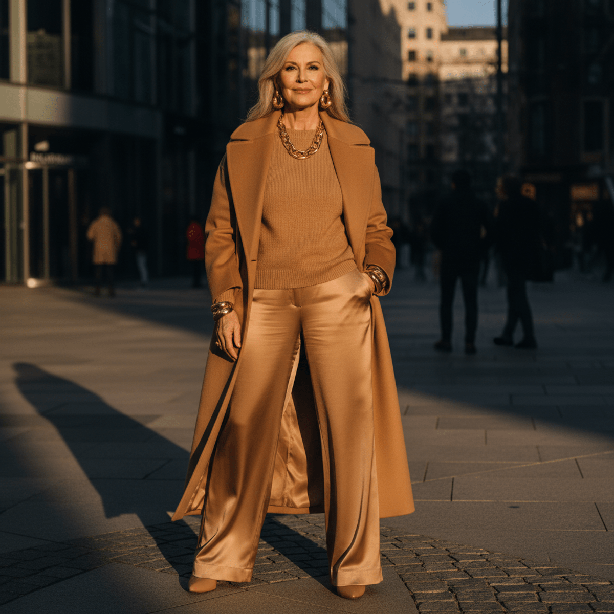 Sophisticated woman in camel tones, wool coat, silk trousers, gold jewelry, golden hour light.