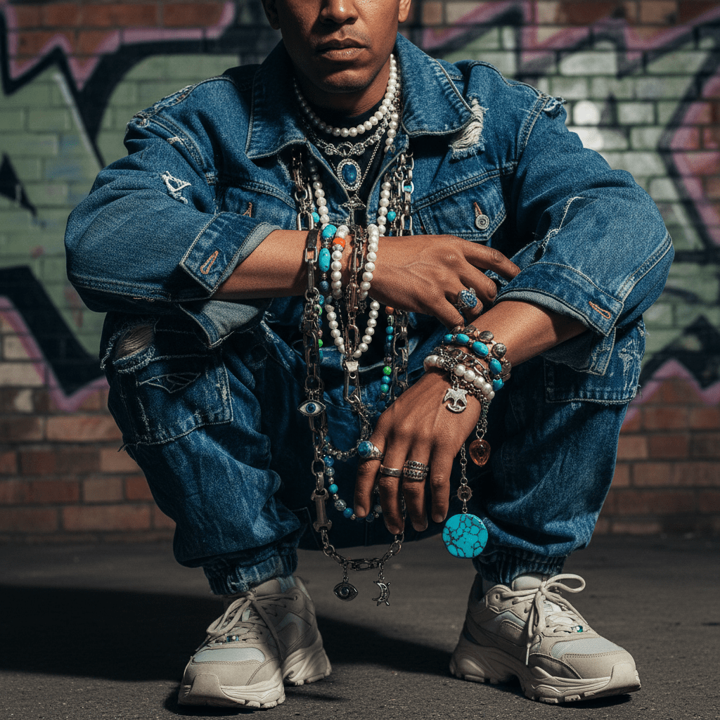 Man in 2026 streetwear with pearl, bead, metal, and gemstone jewelry.