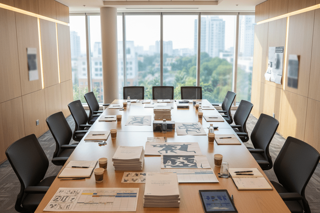 Wide shot of a production meeting room with documents and storyboards under natural light, emphasizing resourceful planning