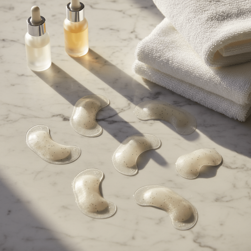 Overhead view of hydrocolloid nose strips on a white marble vanity, showing cleansing effect.