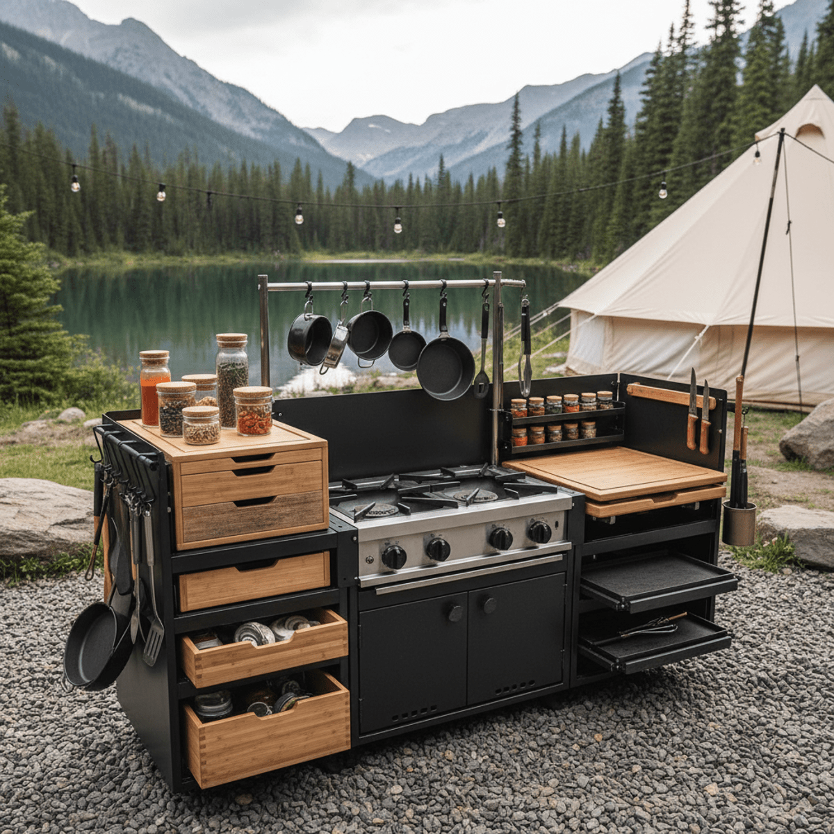 Modular camping stove and storage system for an organized outdoor kitchen.