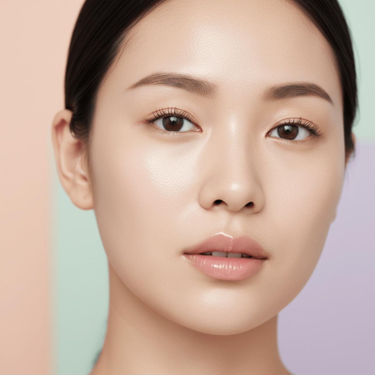 Model with flawless plump complexion wearing serum foundation, skin looks firm and smooth.