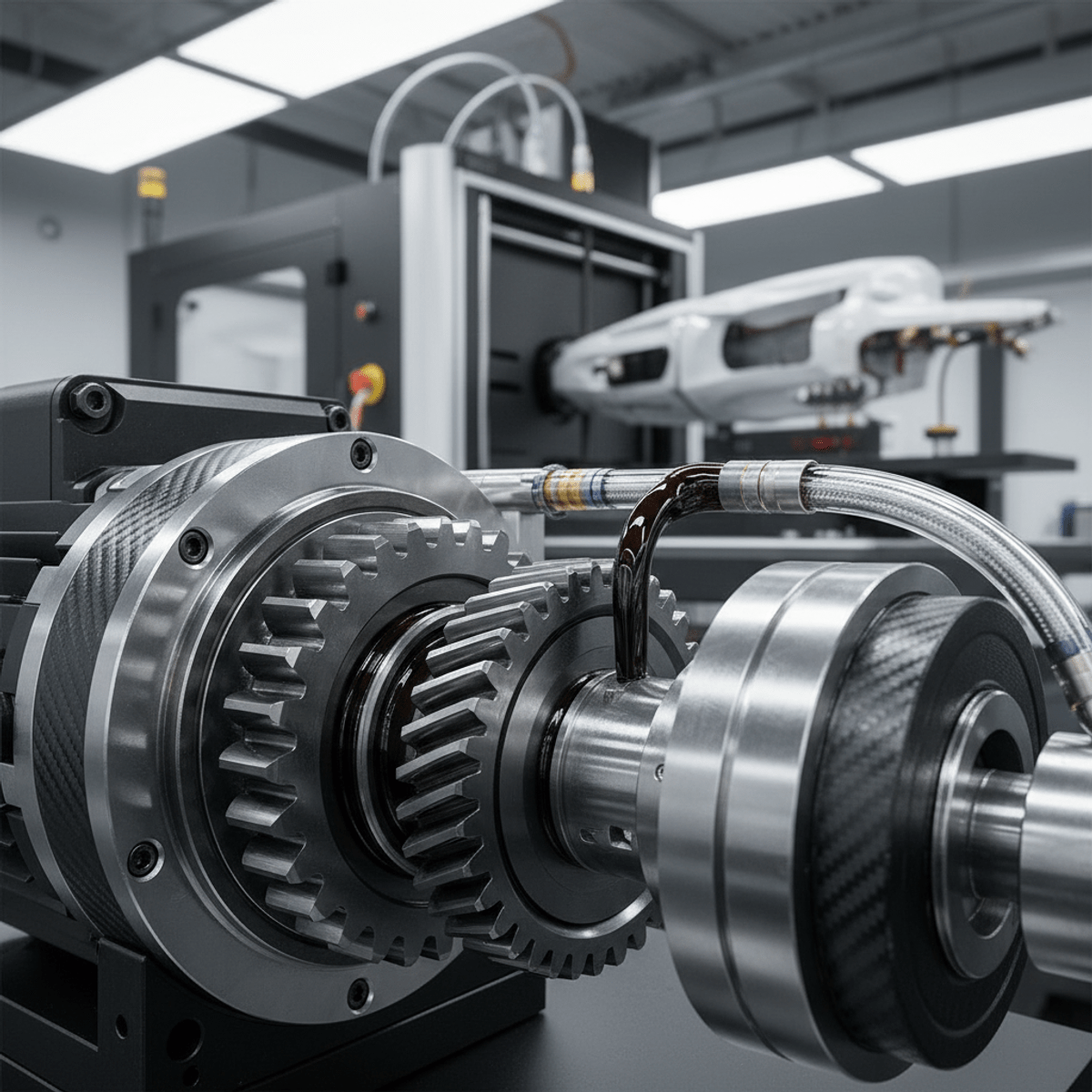 Industrial oil pump mechanism with flowing resin Close-up of electric oil pump with hardened steel gears and viscous resin flowing.