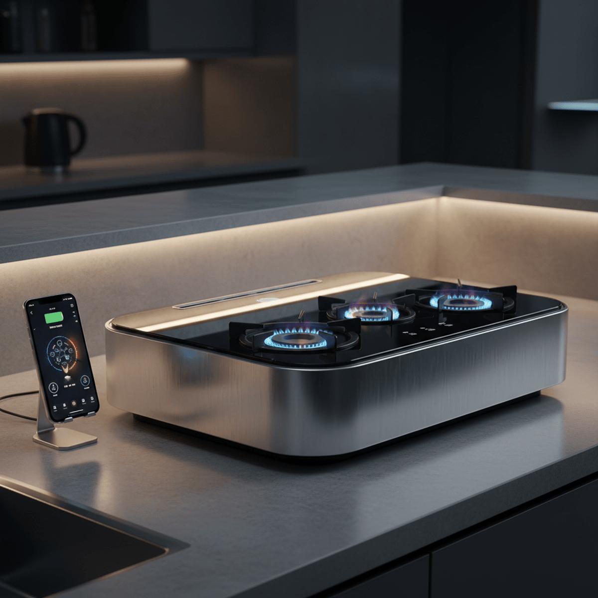 Compact futuristic gas stove with smart sensors in a modern, clean kitchen.