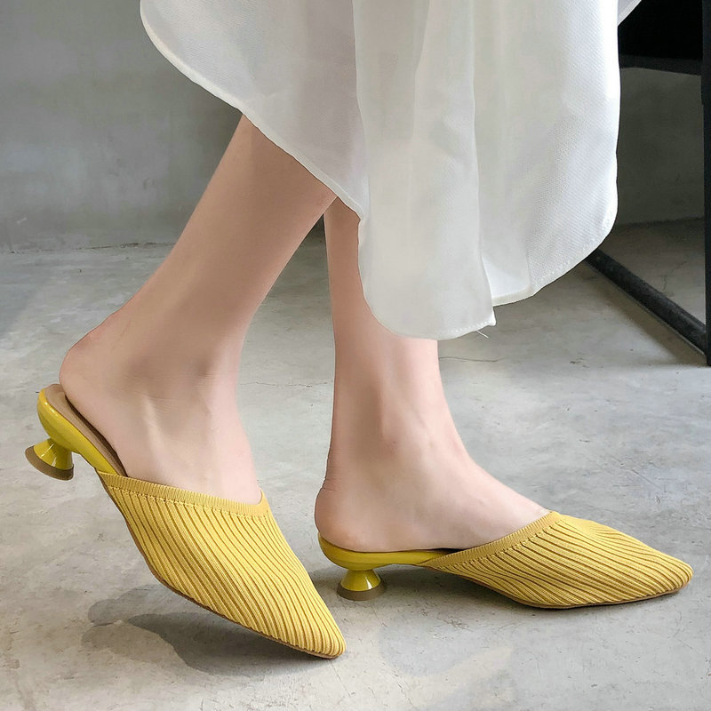 Дешевые 2021; Модная обувь с заостренным носком; Туфли без задника Вязание подходит к любой одежде; Котенка женские сандалии на высоком каблуке на каждый день; Пикантные дизайнерские женские туфли без задника