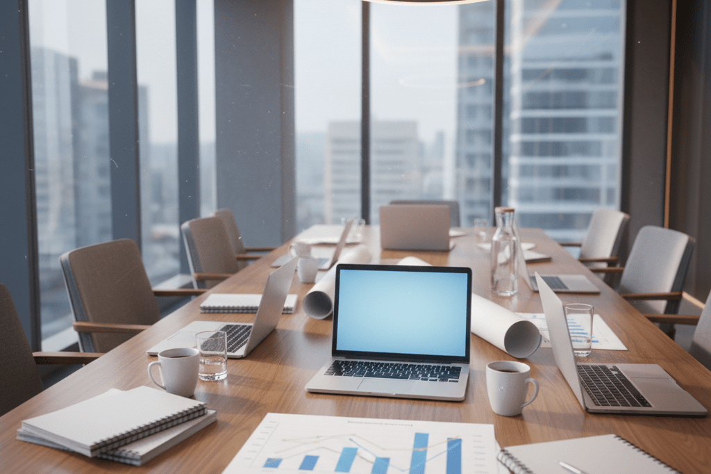Wide shot of a meeting room table with generic marketing materials under natural and ambient lighting, showcasing campaign readiness