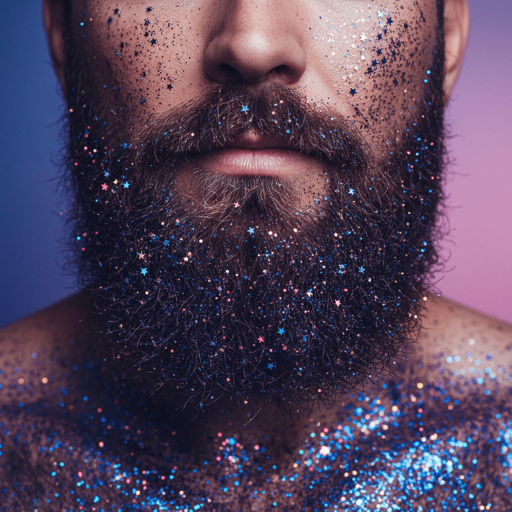 Close-up of a glitter beard with galaxy colors and metallic sparkles.