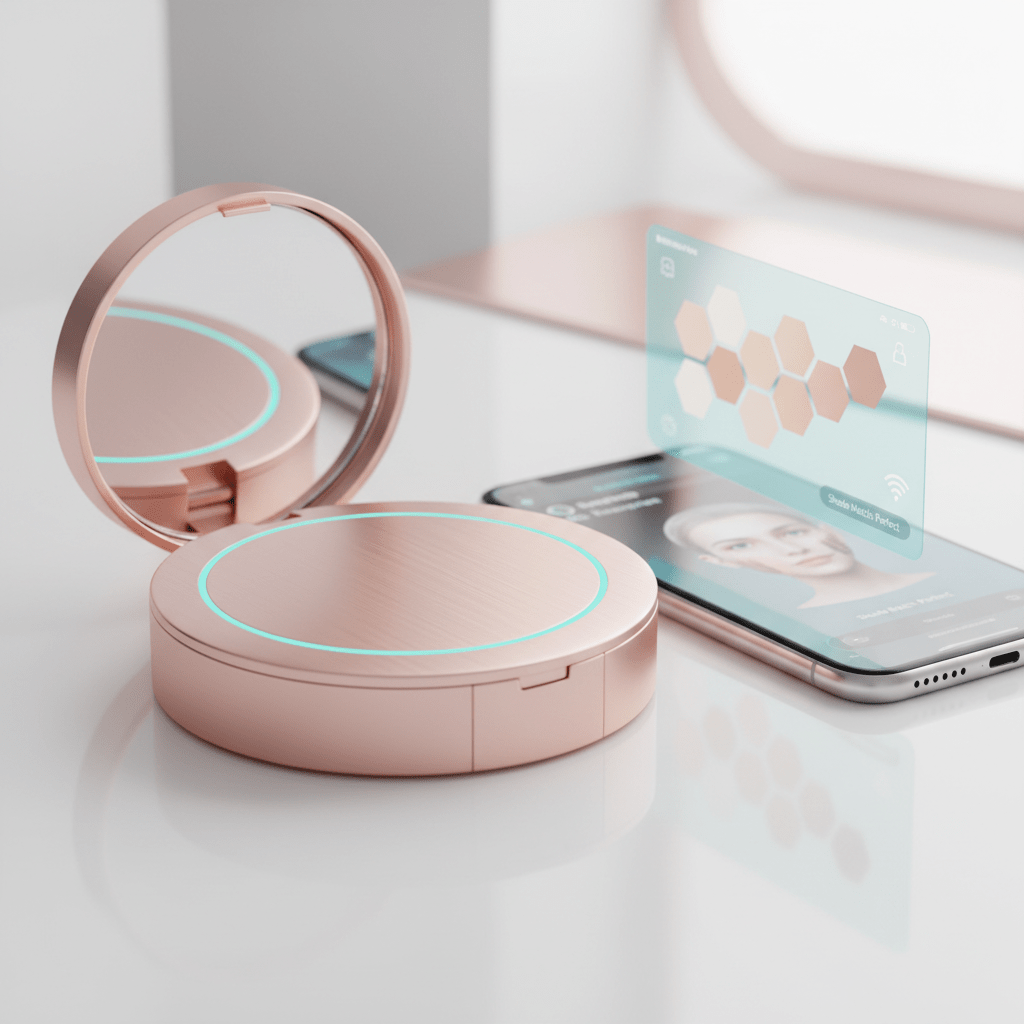 Futuristic rose gold compact powder case with glowing ring next to smartphone.