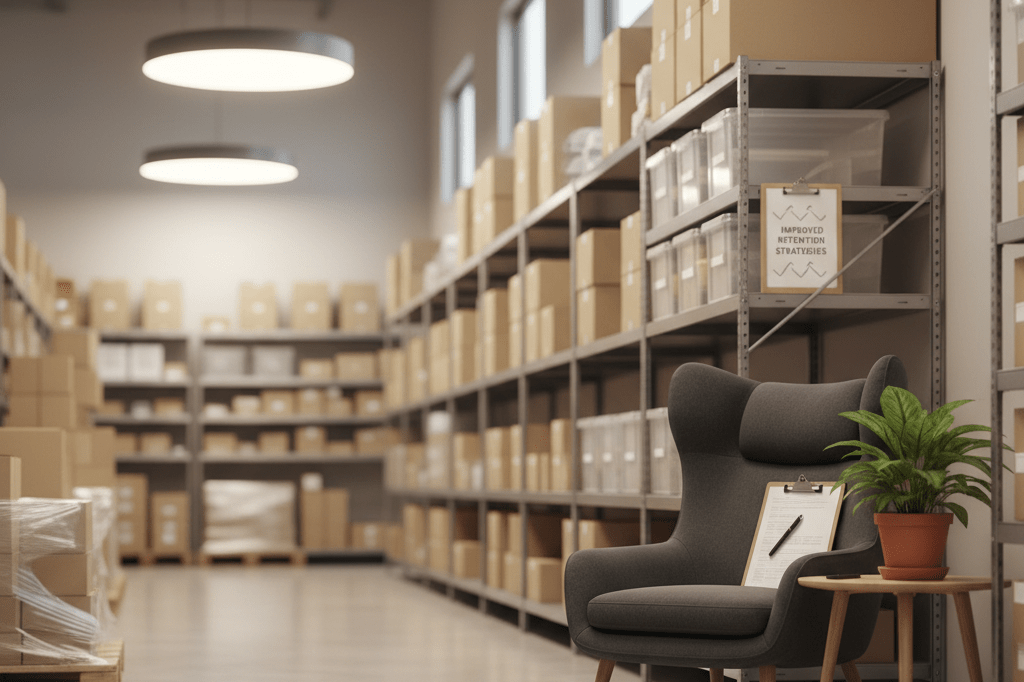 Quiet retail break area with chair and plant under soft natural light symbolizing reduced burnout