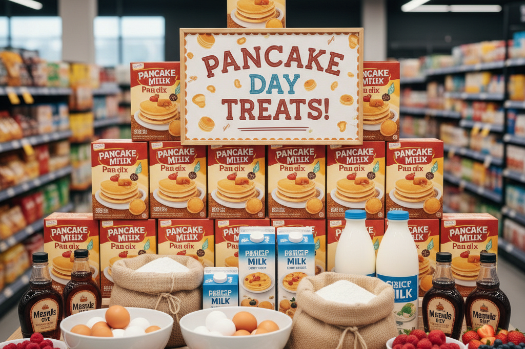 Medium shot of a colorful, well-stocked supermarket display featuring pancake mix boxes, eggs, milk, and flour for Shrove Tuesday