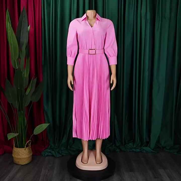 New African Women Pleated Maxi Dress Turn Down Collar Long Sleeve Belted  Dress Office Lady Plus Size A-line Dresses