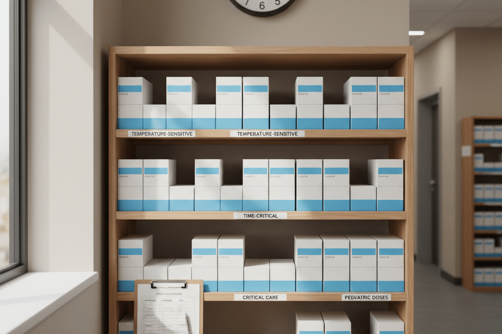 Shelves stocked with temperature-sensitive medical supplies under soft ambient light, symbolizing time-critical healthcare logistics