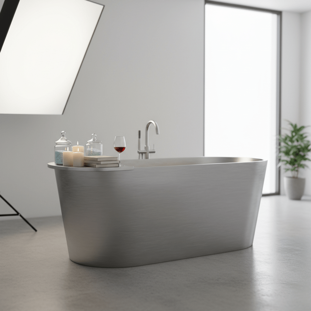 Freestanding tub with integrated shelving in a minimalist bathroom with concrete floors.