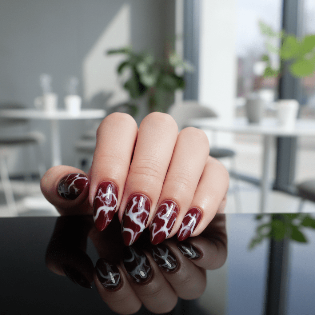Close-up of glossy cherry cola almond nails with creamy white marbling.
