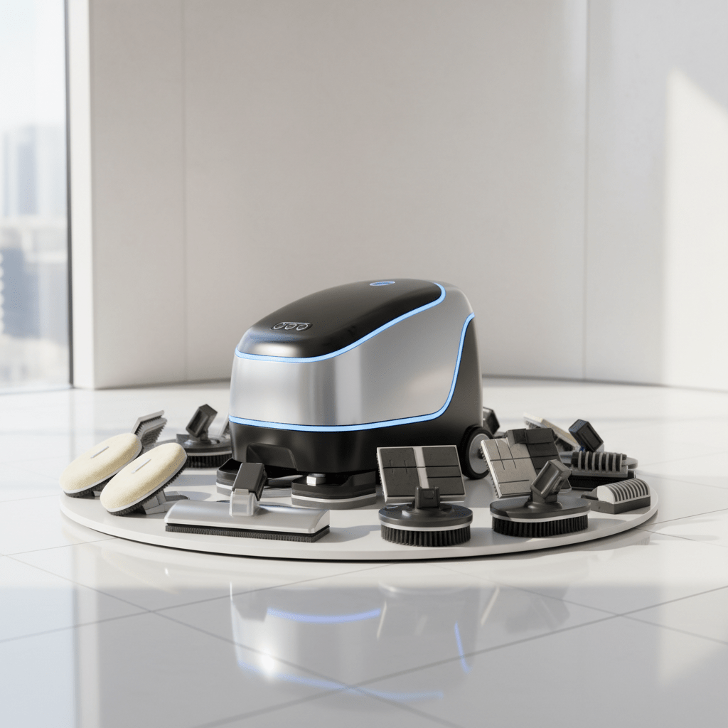 Futuristic tile scrubber with modular base and interchangeable cleaning heads.