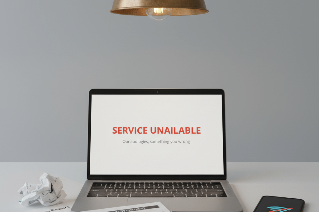 Small business desk showing service outage impact on operations Cluttered office desk with laptop error screen and papers under warm light symbolizing digital platform failure