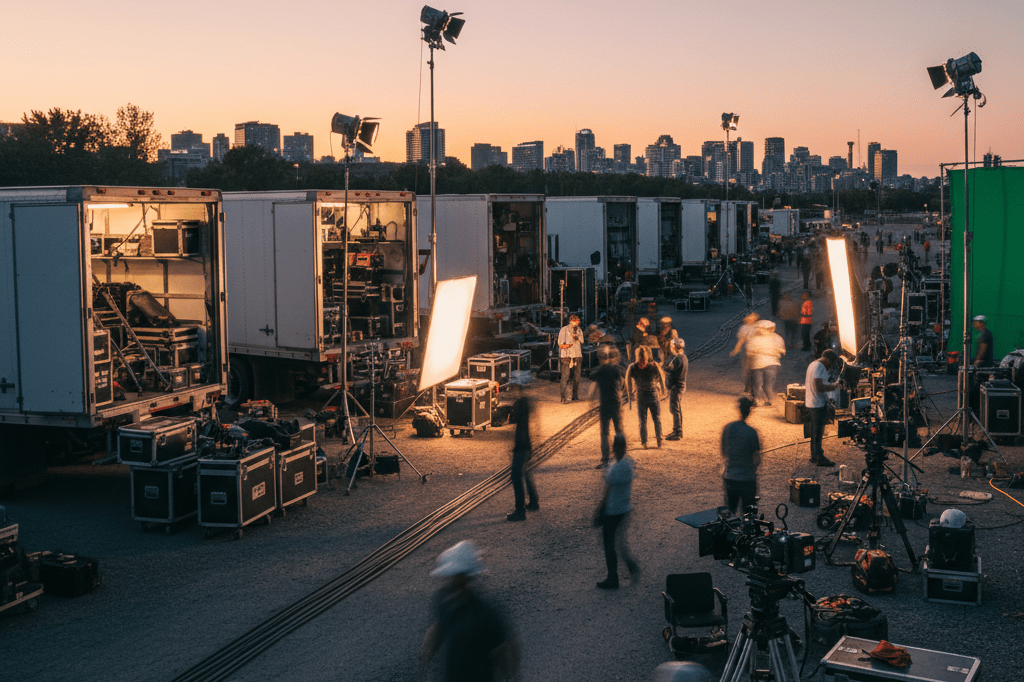 Wide shot of a Canadian film set at dusk showing equipment trucks, lighting rigs, and crew activity under natural and ambient light