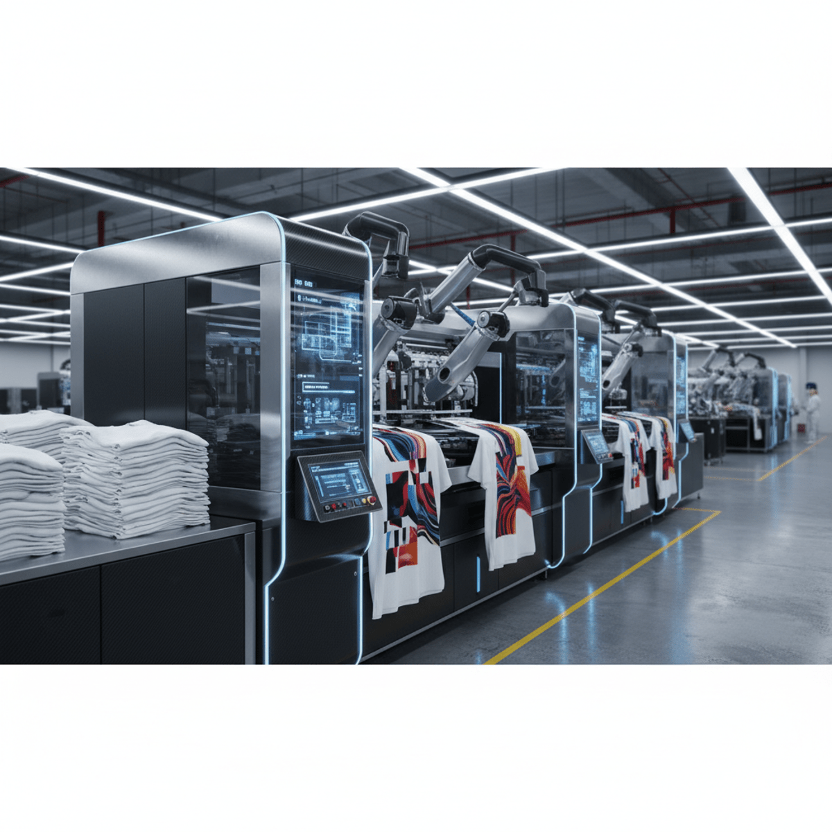 Sleek hybrid shirt printer machine with glowing blue interface in a modern factory.
