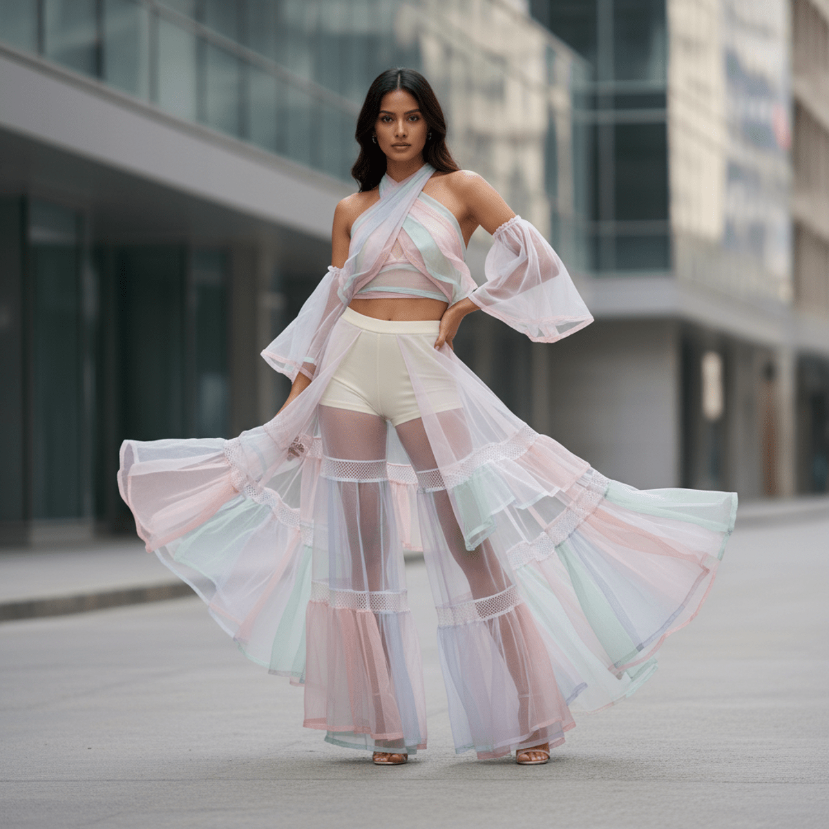 Sheer organza palazzo pants and flowing chiffon layered on a futuristic street.
