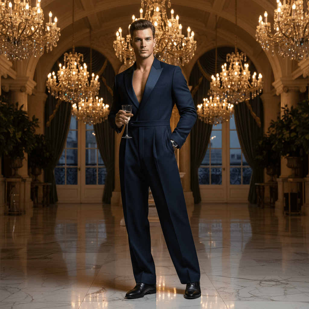 Male model in midnight navy wool-blend jumpsuit at a luxurious gala.