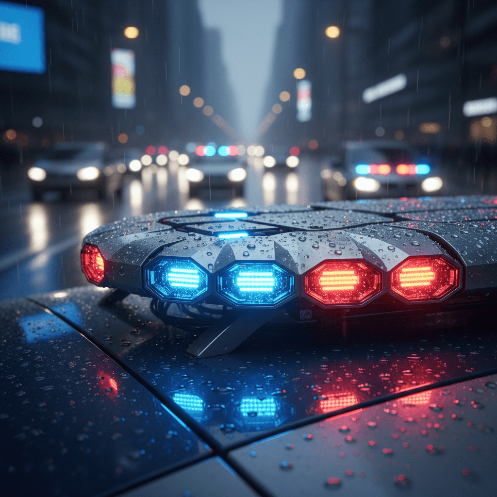 Advanced V2X police car light bar with pulsating blue and red LEDs in rain.