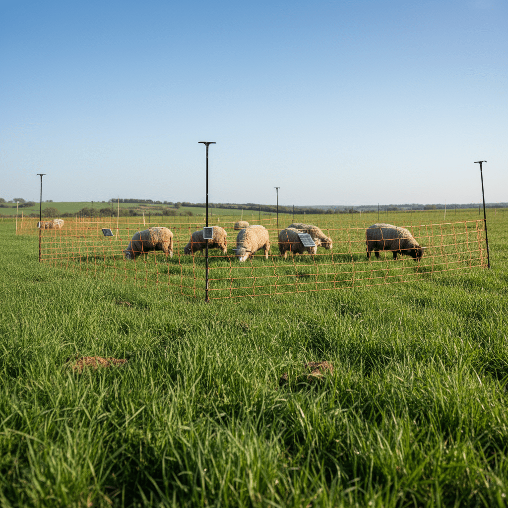 Modular movable paddocks with electric netting enclose goats and sheep in a lush green pasture.