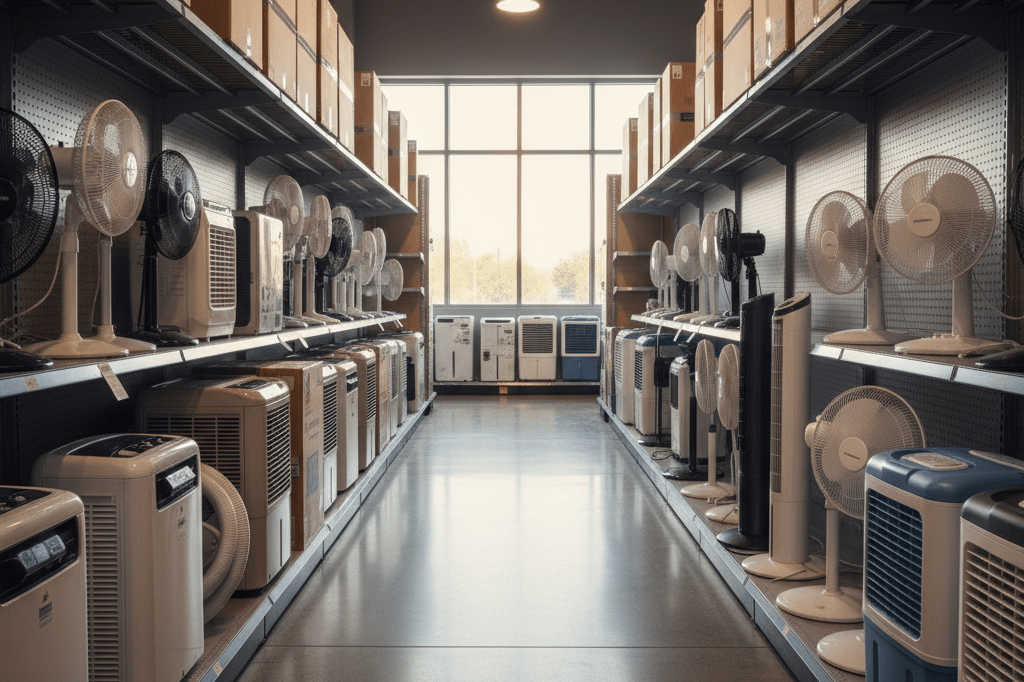 Retail aisle stocked with cooling products during unexpected heat wave Wide shot of cooling product displays in a retail store aisle lit by natural and ambient light, highlighting early seasonal demand