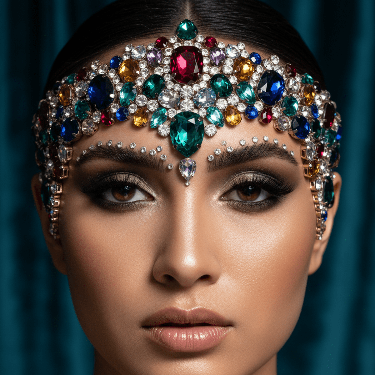 Glamorous model with gemstone unibrow, luxurious maximalist eye makeup, and glowing skin.