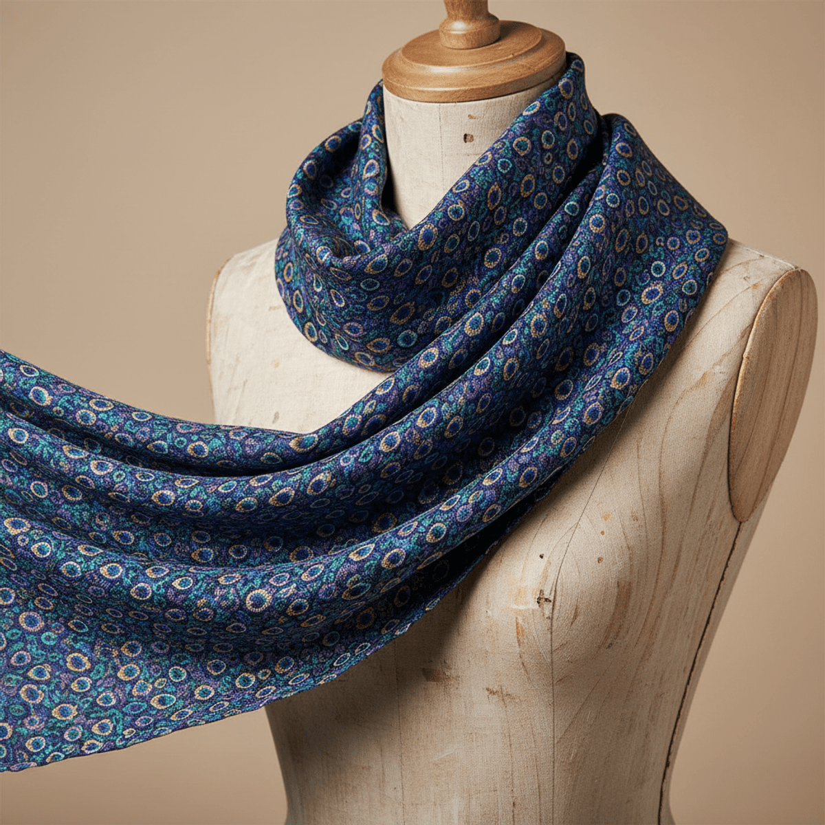 Bohemian scarf with dense peacock eye micro-pattern in jewel tones on a mannequin.