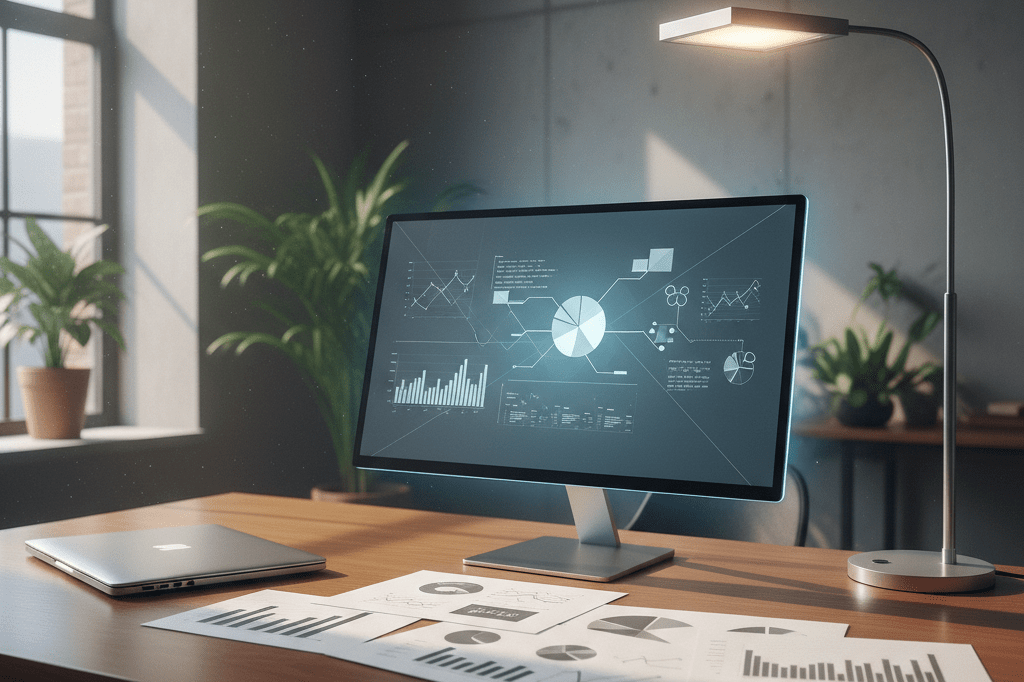 Sleek desk with laptop, papers, and analytics dashboard under ambient lighting, representing strategic business choices
