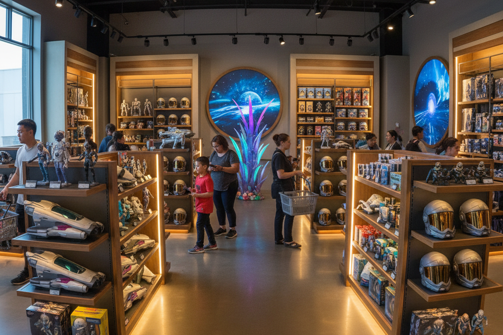 Themed retail display showcasing generic sci-fi merchandise under warm ambient lighting, highlighting strategic design for shopping experiences