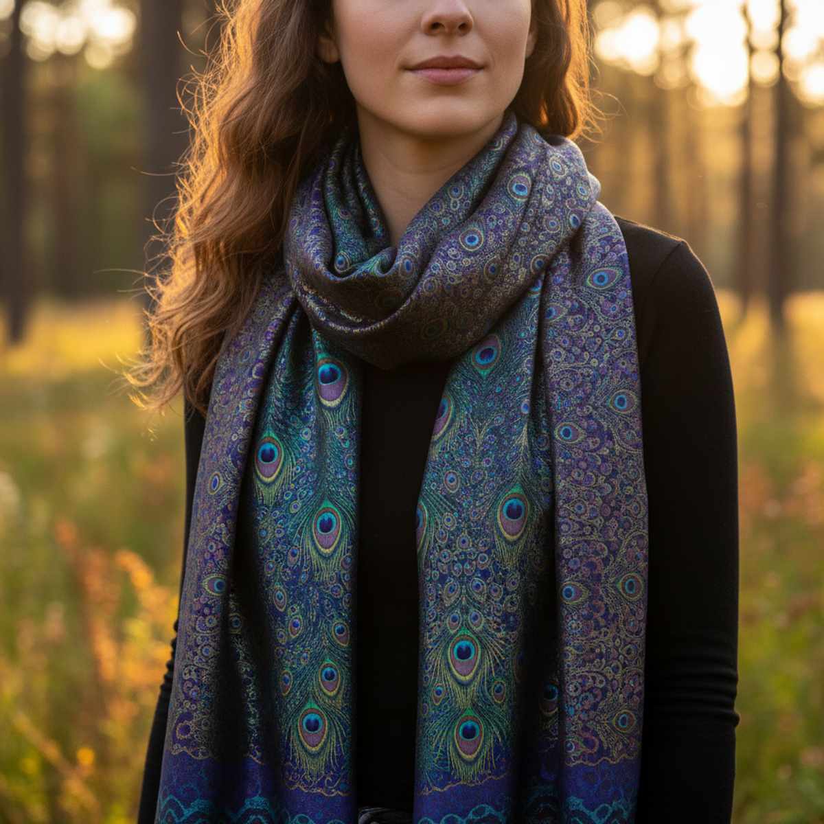 Bohemian silk scarf with peacock feather micro-prints in jewel tones, worn outdoors.