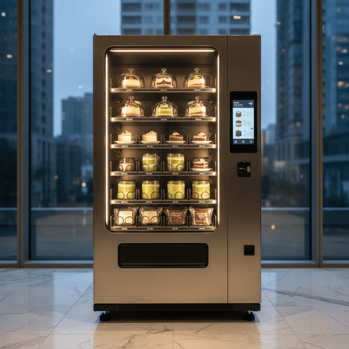 Sleek brushed metal cake vending machine in a corporate lobby with illuminated treats.