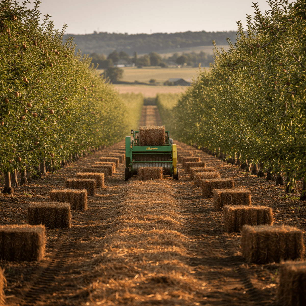 Mini round baler creates mulch bales in orchard alley during golden hour.