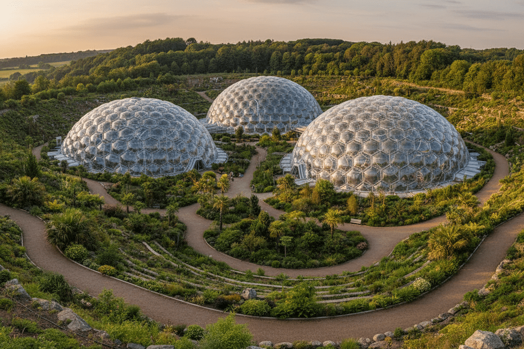 Wide view of Eden Project's biomes set amidst greenery under soft daylight, showcasing sustainability and immersive environmental education