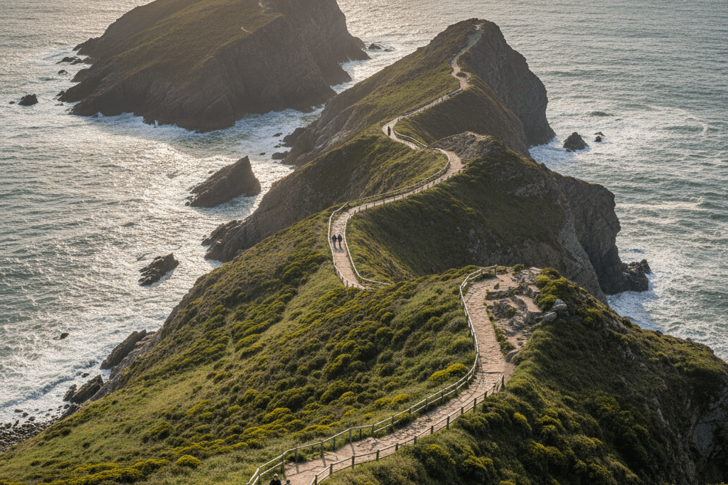 Scenic coastal trail along England's adventure tourism route Wide view of a beautiful English coastal path framed by cliffs and greenery under natural light