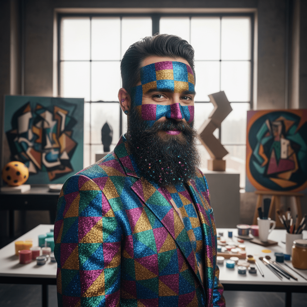 Creative person with a vibrant, checkerboard glitter beard in soft studio light.