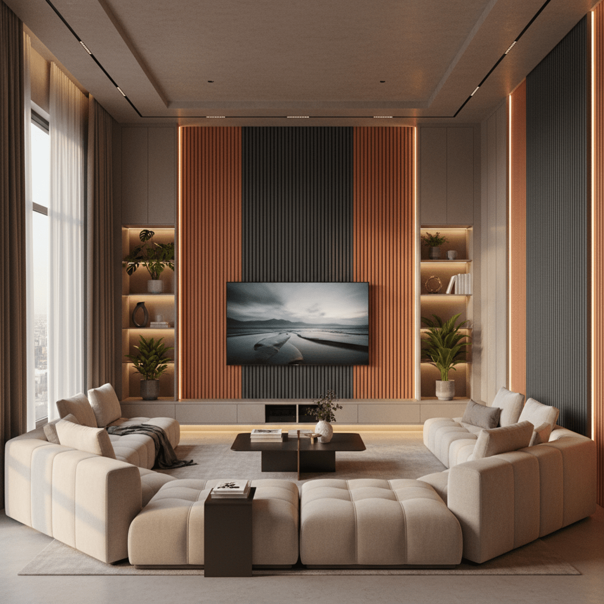 Modern media room with alternating terracotta and charcoal wall panels and plush seating.