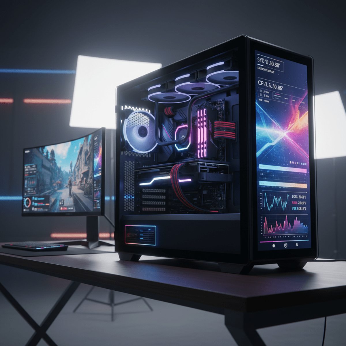 Futuristic gaming PC with OLED display and vibrant RGB lighting in a studio.