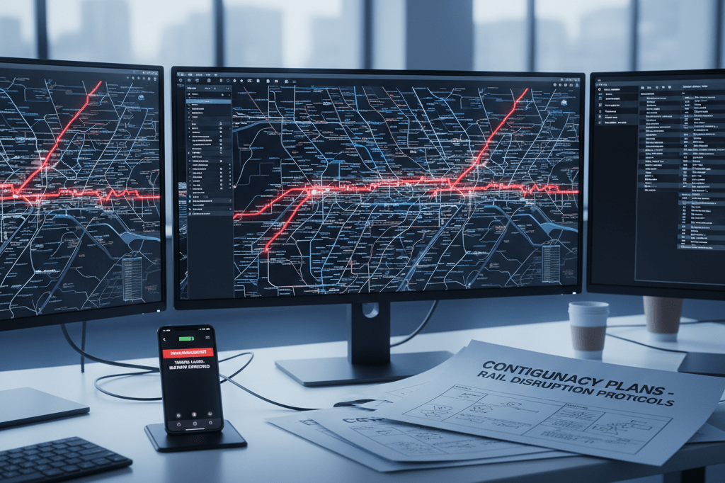 Logistics control room monitoring rail network disruption alerts Control room desk with digital map showing rail blockages and emergency plans under natural light