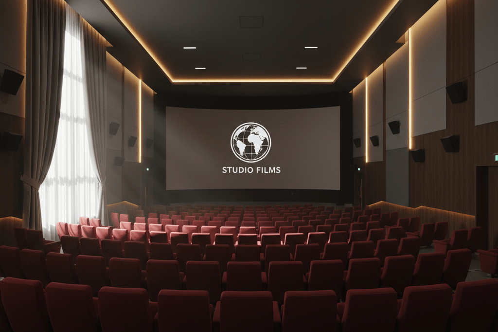Wide shot of a stylishly lit cinema with empty seating and Universal logo on screen, symbolizing renewed focus on theatrical window strategies