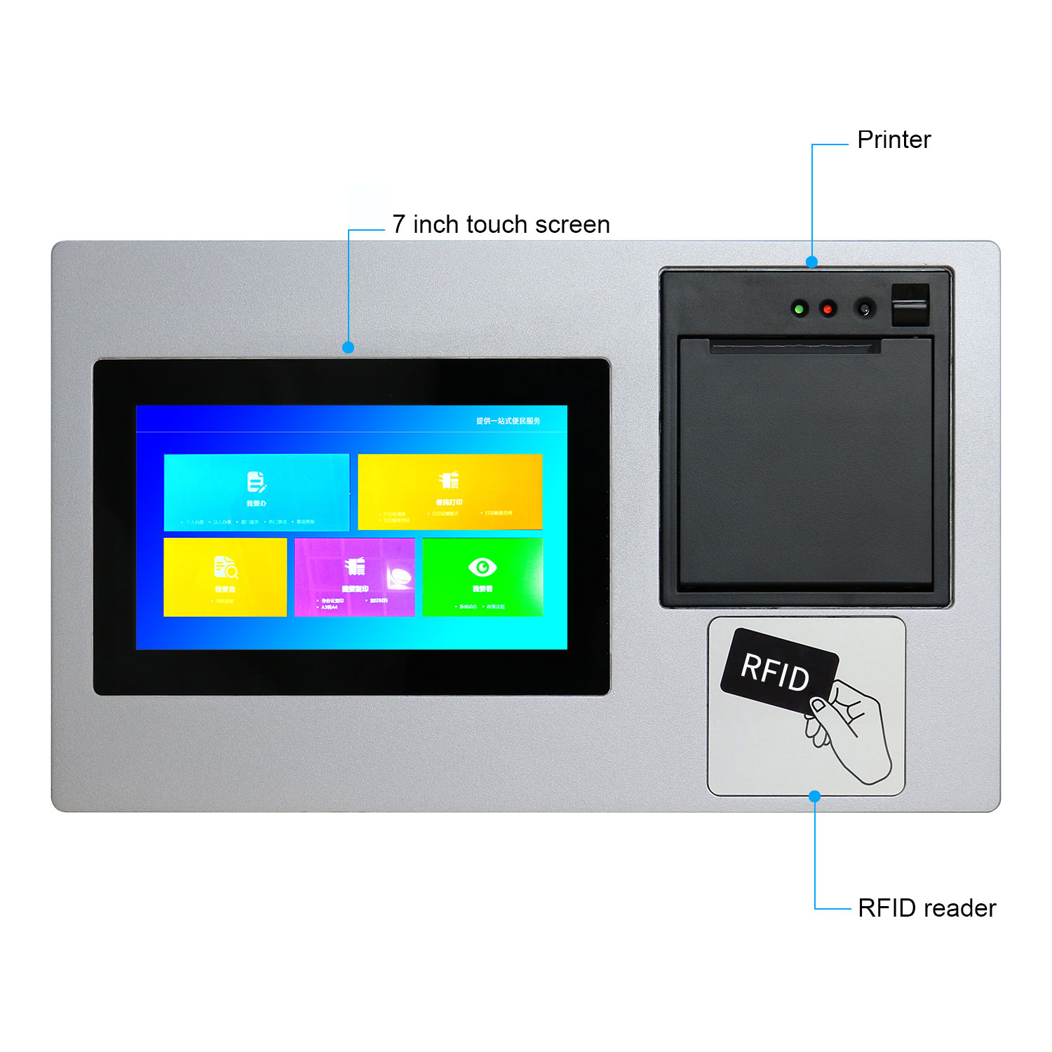 モールに使用されるQRコードとRFIDリーダーを備えた7インチタッチ