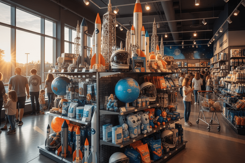 Wide shot of a retail store’s space-themed product display lit by natural and ambient light, showcasing model rockets and globes