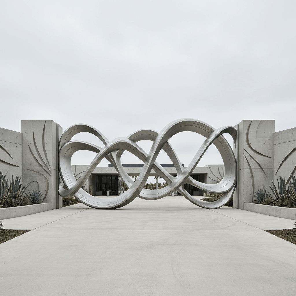 Futuristic aluminum gate with fluid, ribbon-like contours and seamless curves.