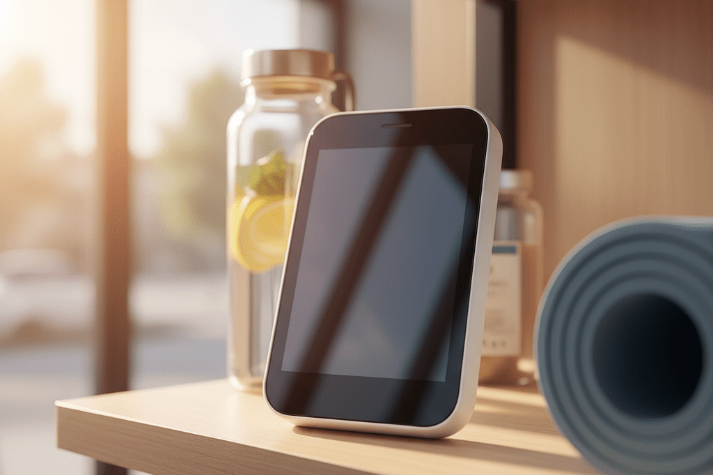 Digital health device displayed prominently in a retail wellness section Close-up of a modern health monitoring device amidst wellness products under soft natural and ambient light