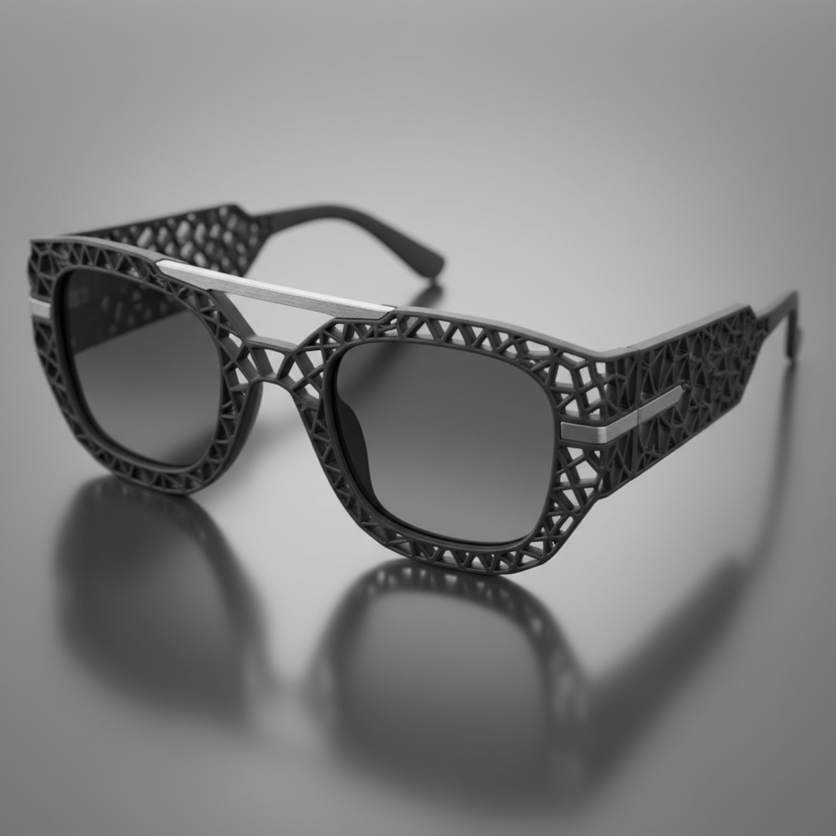 Macro shot of women's sunglasses with intricate parametric lattice frames and honeycomb patterns.